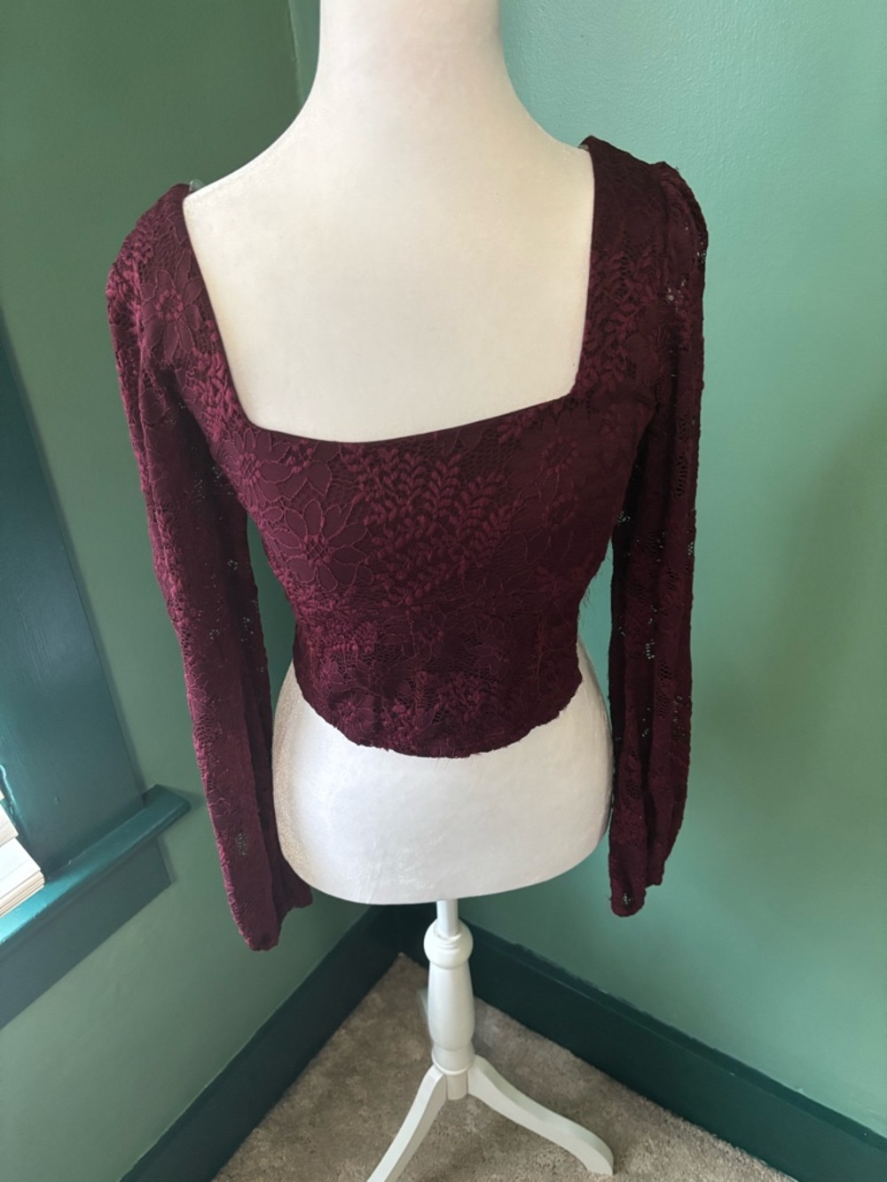 Altar'd State Burgundy Lace Square-Neck Long Sleeve Crop Top